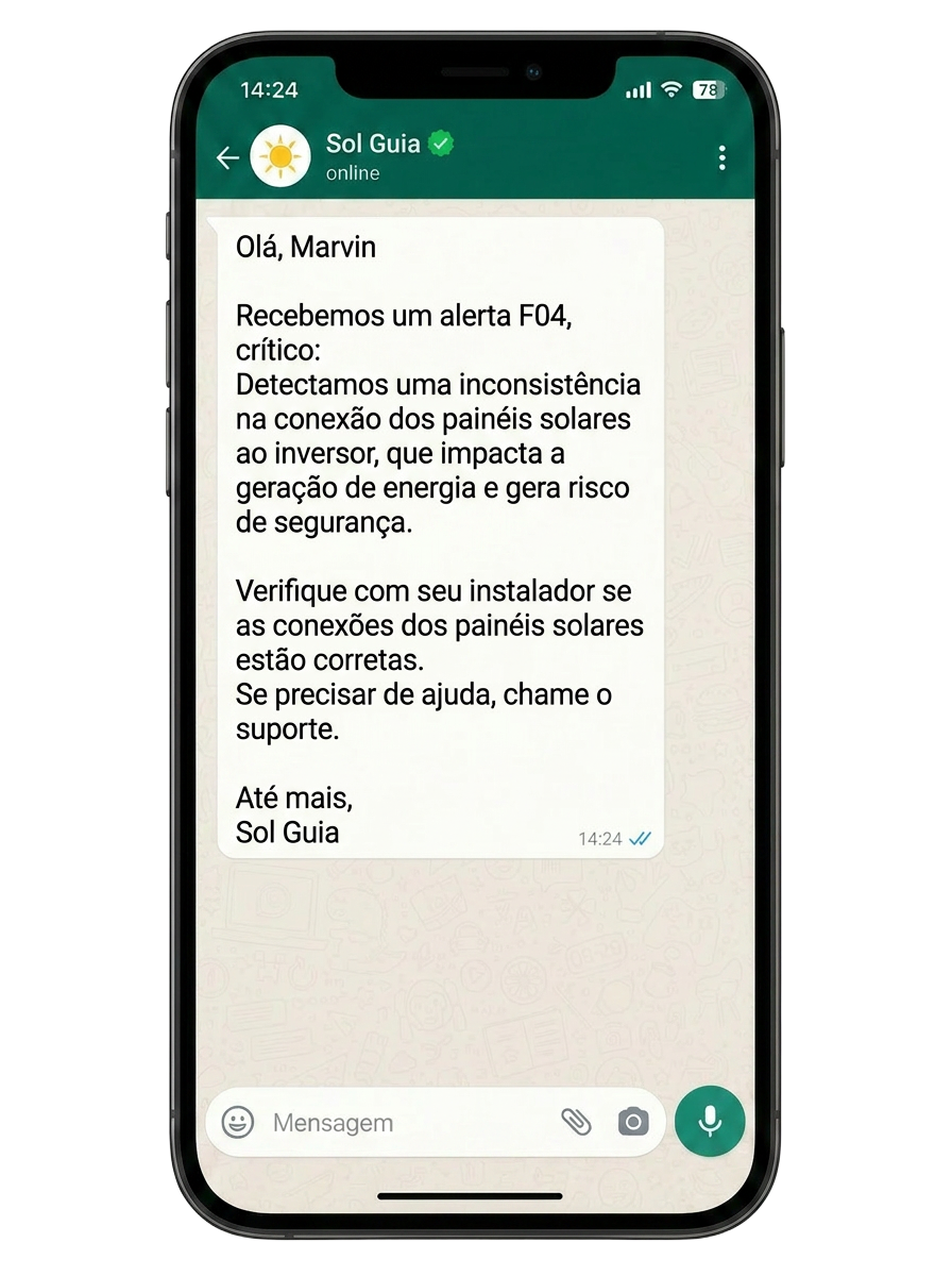 Exemplo de alerta SolGuia enviado via WhatsApp